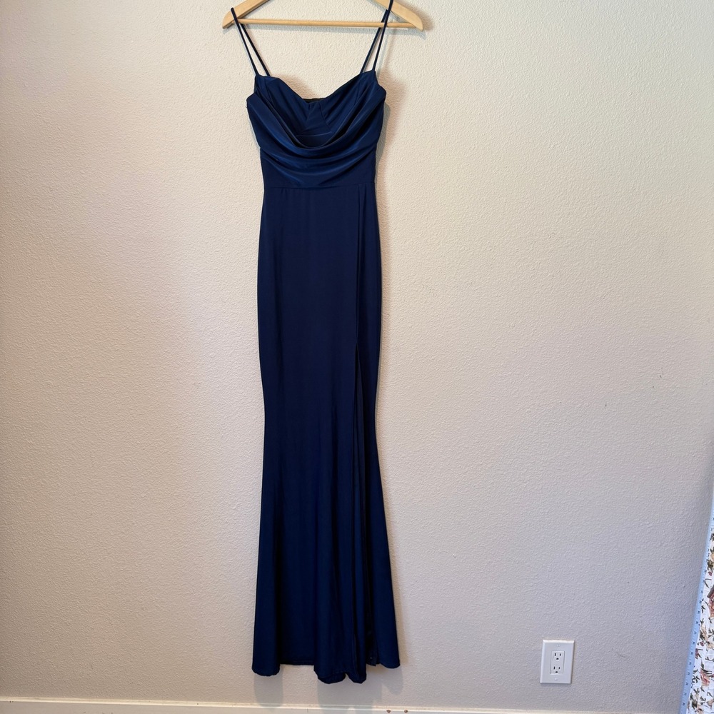 Windsor Navy Blue Cowl Neck Maxi Dress Spaghetti Strap High Slit Formal Gown S